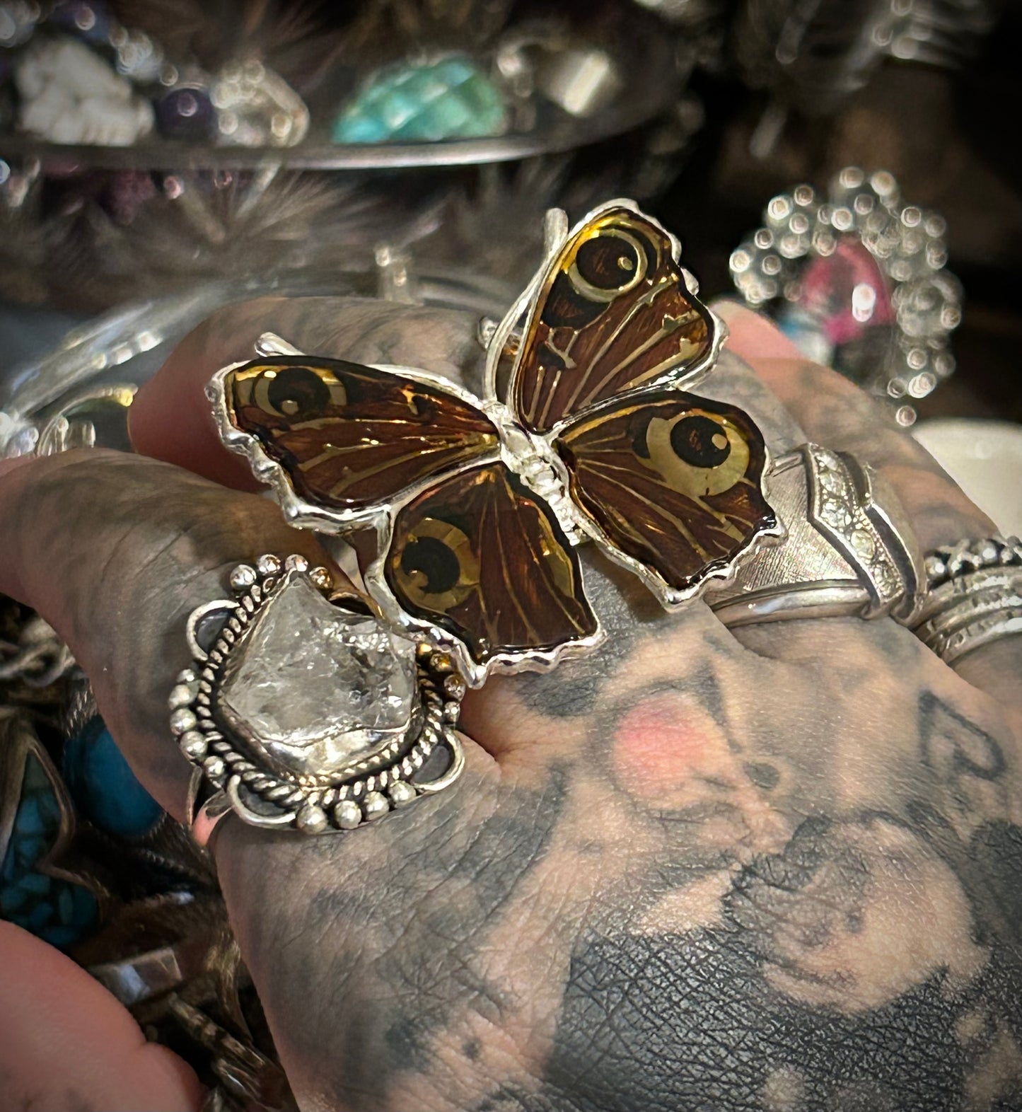 Sterling Silver & Baltic Amber Butterfly Ring Adjustable