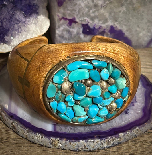 Vintage Unique Wood Cuff Bracelet With Sterling Silver & Turquoise