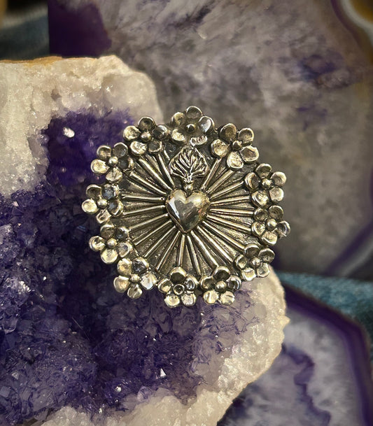 Taxco Mexico 950 Silver Sacred Heart & Flowers Statement Ring Size 6-8