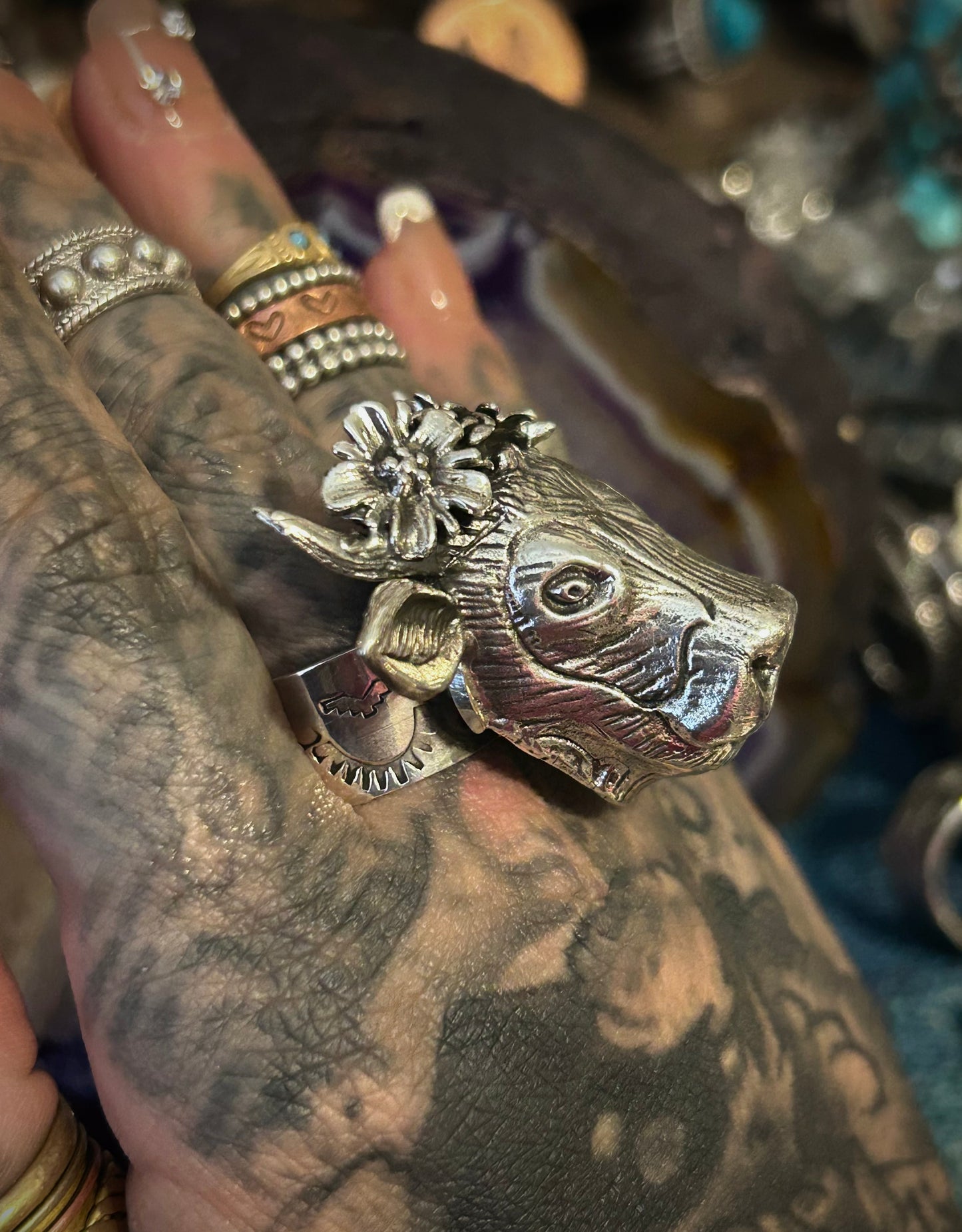 Sterling Silver Taxco Mexico Cow with Flower Crown Adjustable Statement Ring