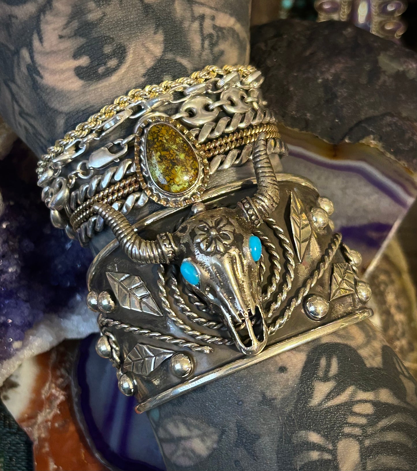 Taxco Mexico Sterling Silver Leaves & Bull Skull w/ Turquoise Statement Cuff Bracelet