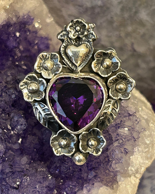Sterling Silver Modern Taxco Mexico Purple Zircon Heart & Flowers Adjustable Ring