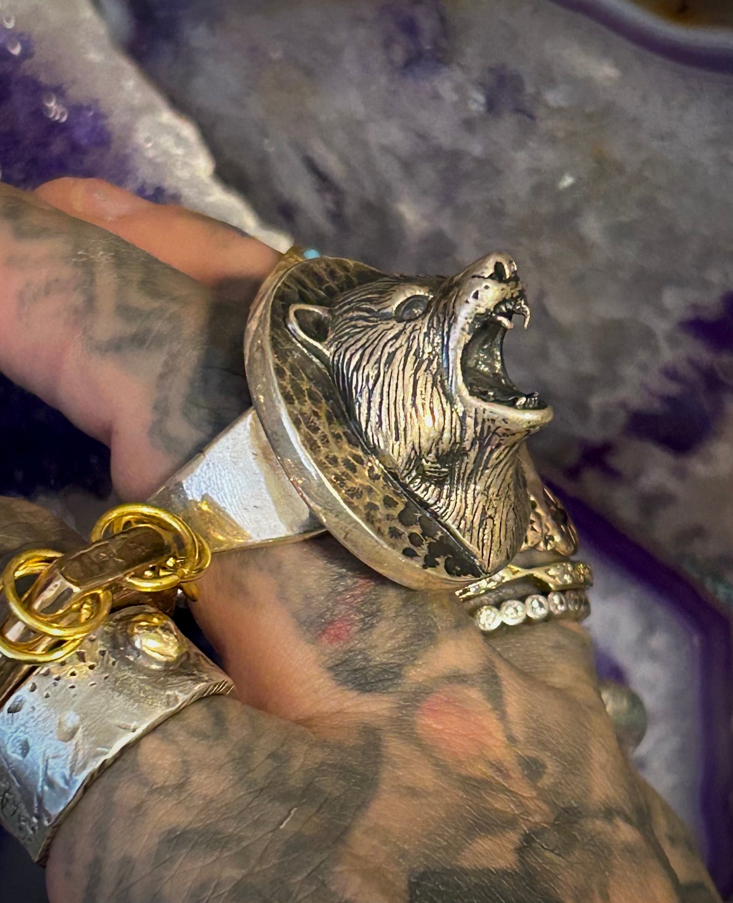 Sterling Silver Designer SOM’S Statement Roaring Bear Adjustable Ring