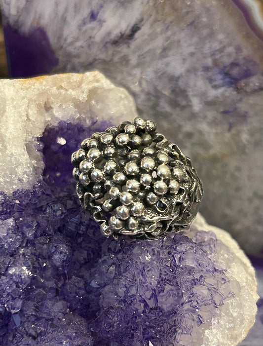 Sterling Silver Modern Taxco Mexico Grapes & Leaf Ring Size 8.25