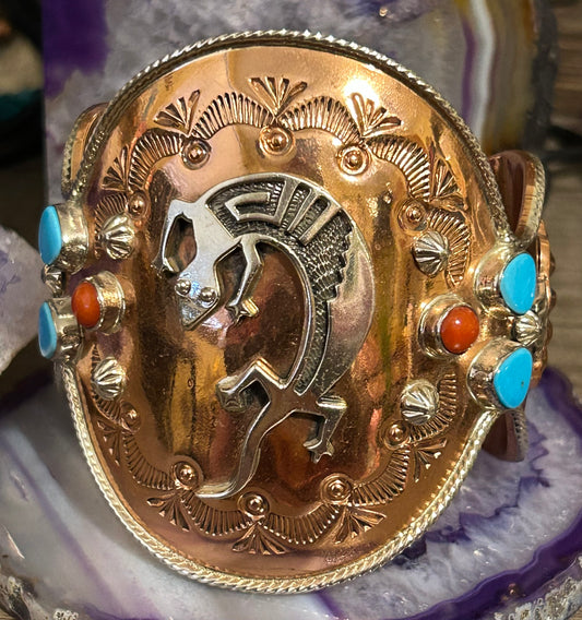 Running Bear Native American Copper & Sterling Silver Gecko/Lizard Cuff Bracelet