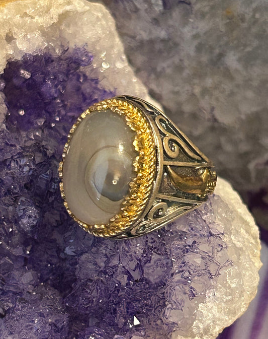 Sterling Silver Chunky Turkish Signet Style Agate w/ Daggers Ring • Size 8