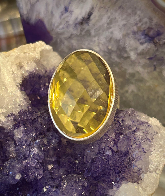 Sterling Silver Natural Citrine Faceted Amber Large Ring Adjustable