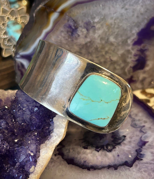 Vintage Sterling Silver Taxco Mexico Asymmetrical Turquoise Cuff Bracelet
