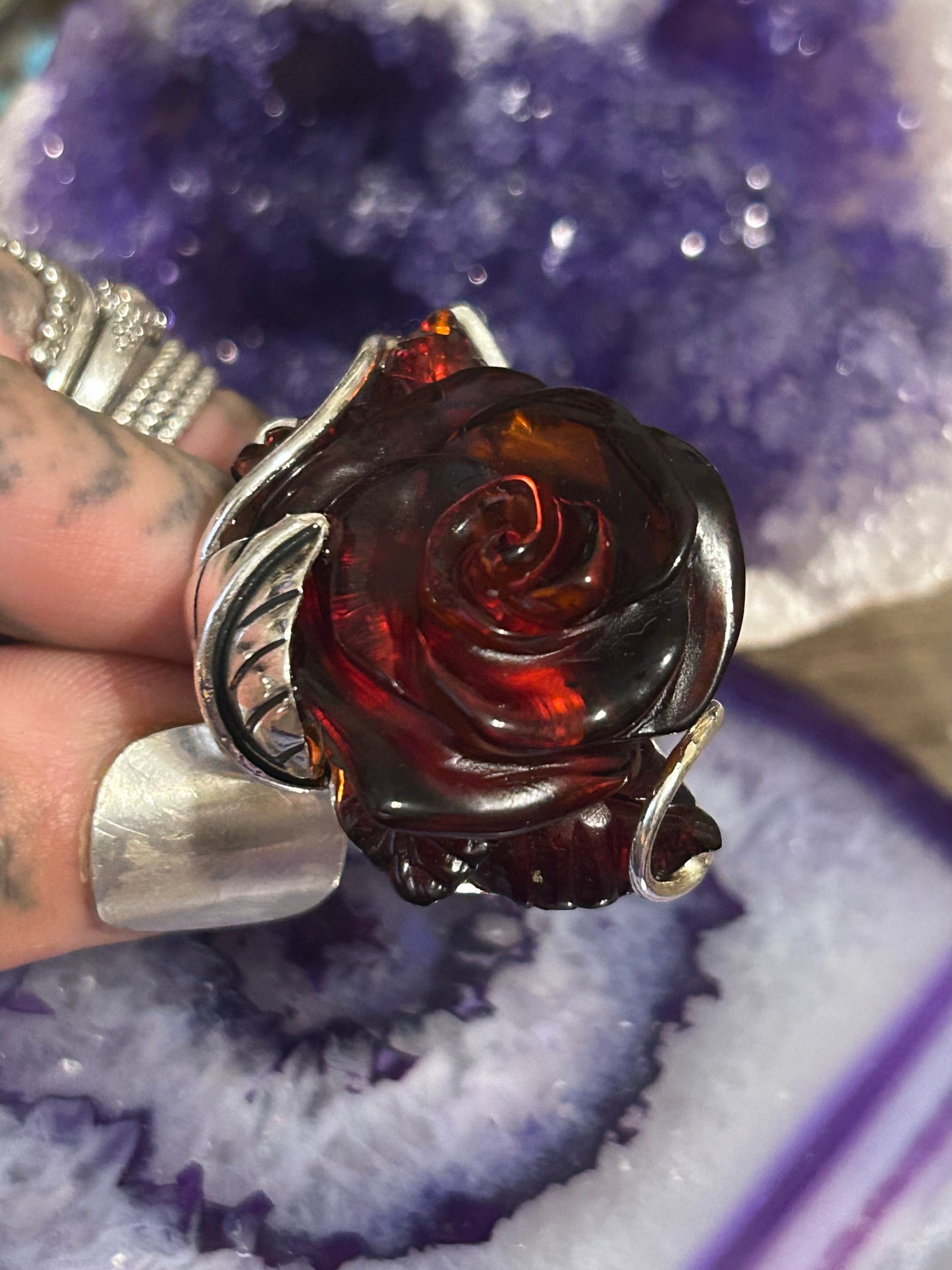 Sterling Silver Cherry Amber Big Rose Adjustable Ring