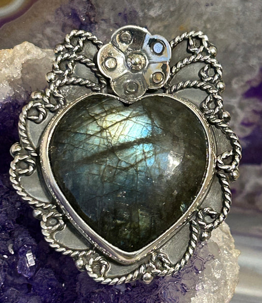 Sterling Silver Taxco Large Labradorite Stone Heart Ring Adjustable