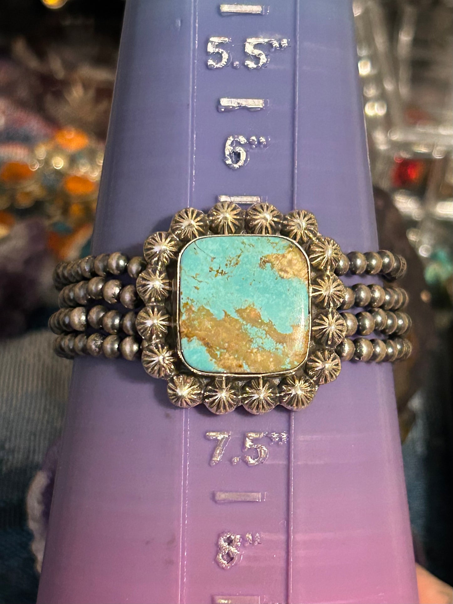 Sterling Silver Desert Pearl Ball Beads and Square Turquoise Four Band Stretch Bracelet