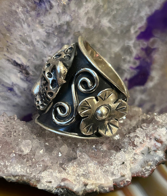 Sterling Silver Taxco Mexico Handmade Jaguar/Cheetah & Flowers Ring Adjustable