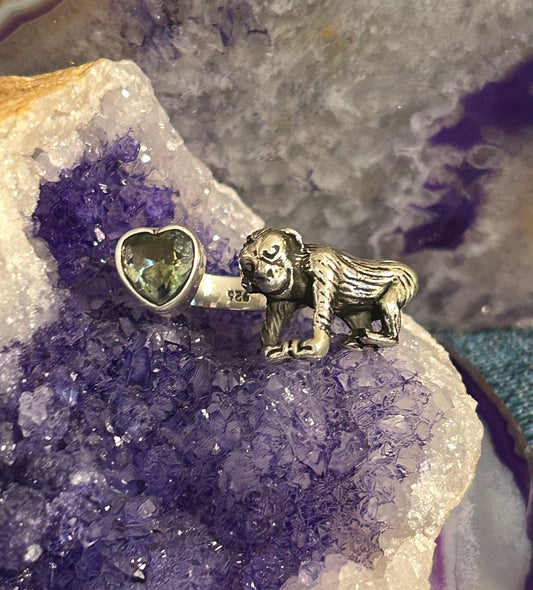 Sterling Silver Taxco Mexico Zircon Heart & Gorilla Bypass Ring Size 6.5-7.5