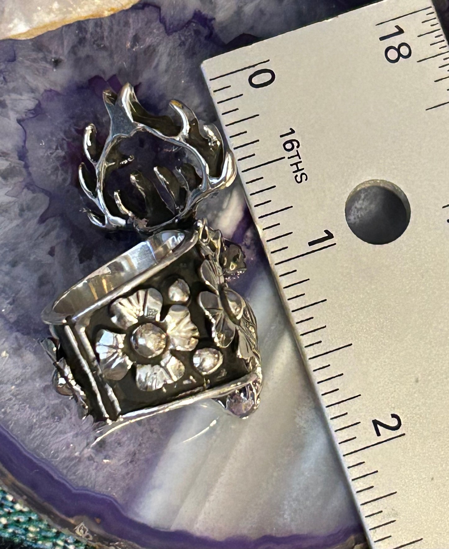 Sterling Silver Taxco Mexico Stag Deer & Flowers Statement Ring