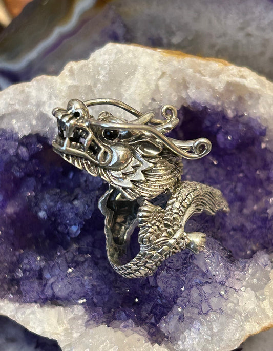 Sterling Silver Designer SOMS Statement Dragon Bypass Wrap Ring w/ Onyx Eyes