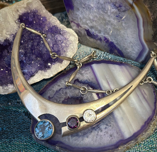 Vintage Sterling Silver 925 Mexico Unique Multi Gemstone Necklace