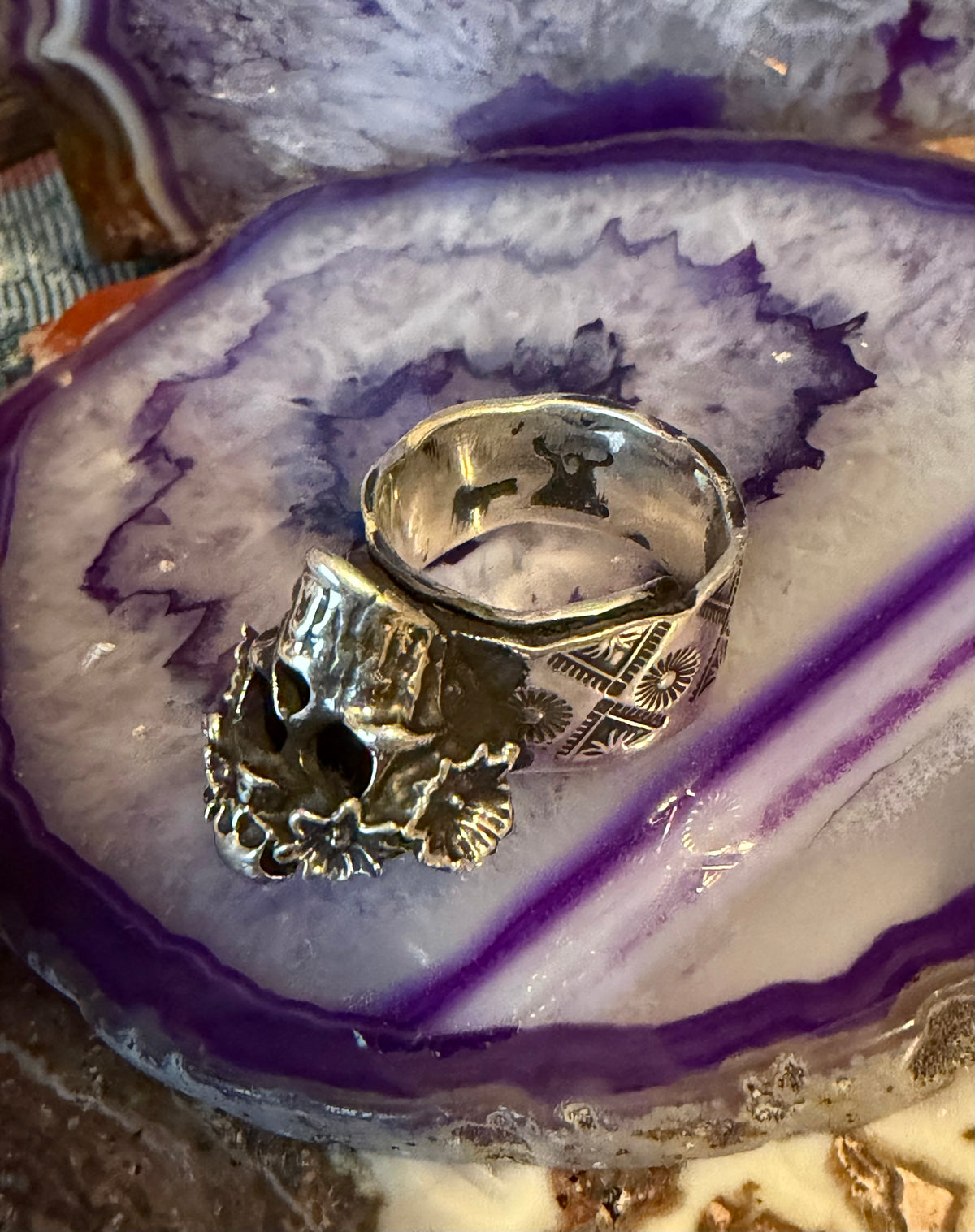 Sterling Silver Modern Taxco Chunky Skull W/ Flower Crown Adjustable Band Ring