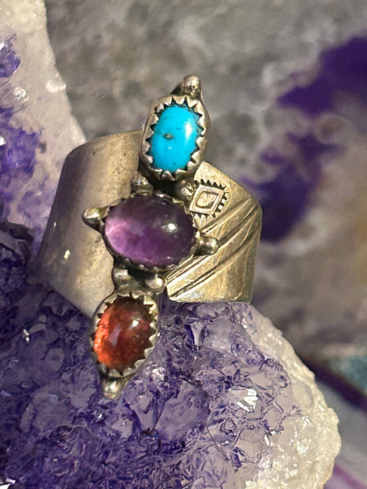Sterling Silver Southwestern Multi-stone Turquoise, Amethyst Bypass Ring