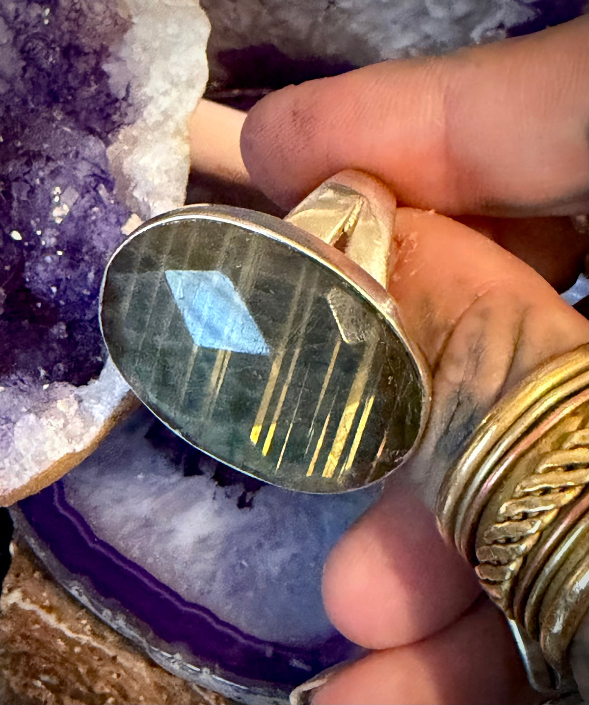 Vintage Sterling Silver Faceted Labradorite Chunky Statement Ring Adjustable
