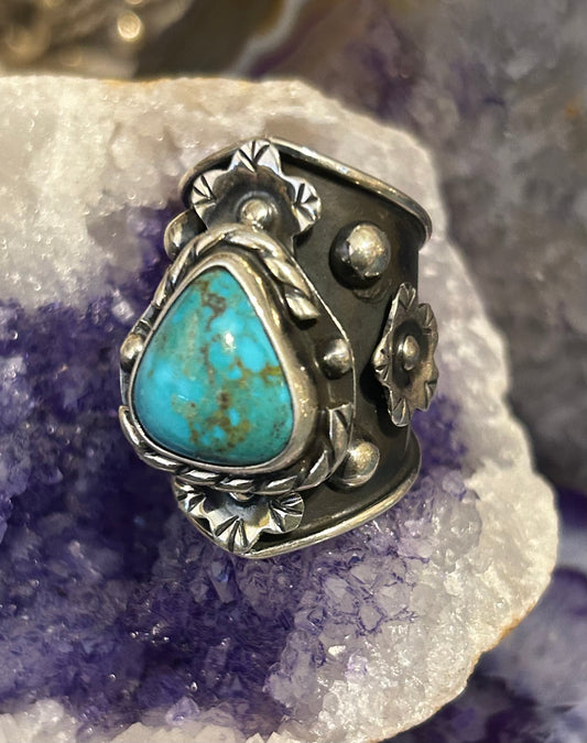 Sterling Silver Taxco Mexico Turquoise & Flowers Wide Band Statement Ring Sz 7-9