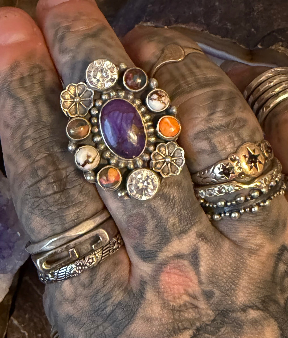 Sterling Silver Southwestern Purple Mojave, Cz, And Spiny Oyster Adjustable Ring