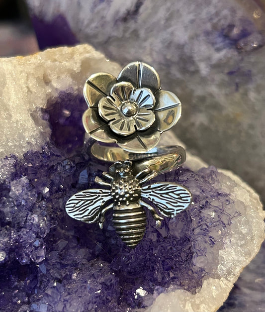 Sterling Silver Taxco Mexico Bee And Flower Bypass Ring Adjustable