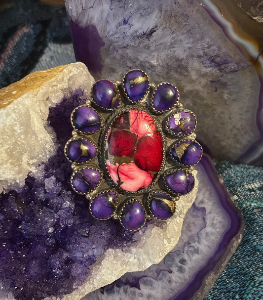 Sterling Silver Southwestern Large Rose Dahlia & Violet Dahlia Adjustable Ring