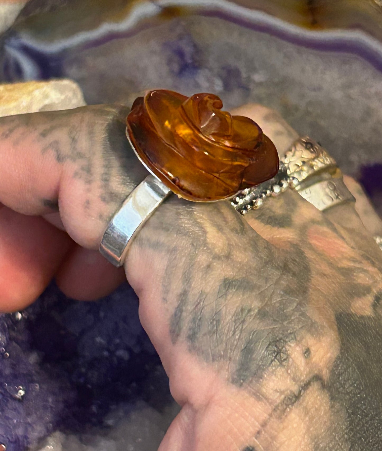Sterling Silver Baltic Cognac Amber Carved Rose Adjustable Ring