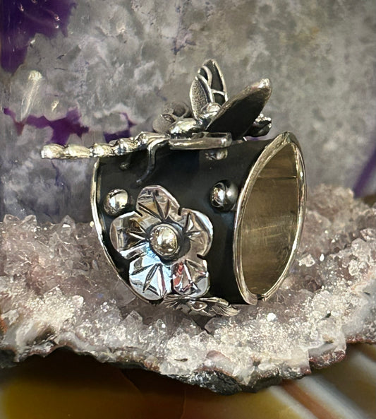 Sterling Silver Taxco Mexico Dragonfly And Flower Statement Ring