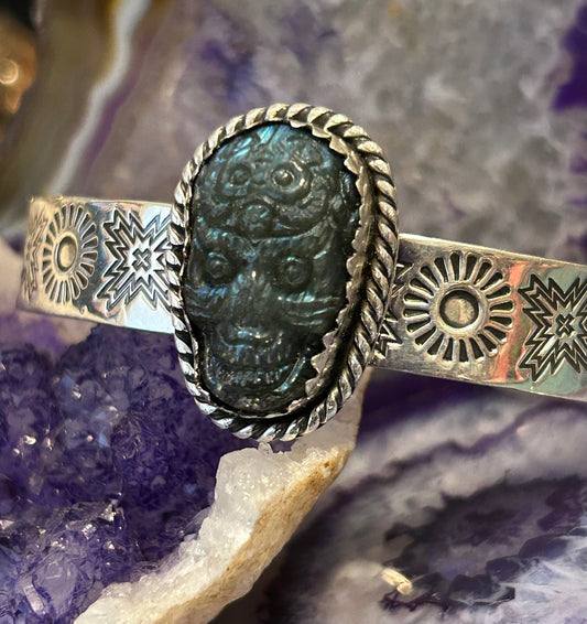 Sterling Silver Taxco Mexico Carved Skull Stone Cuff Handmade Stamped Bracelet