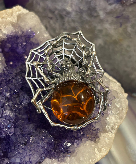 Sterling Silver & Genuine Baltic Amber Large Spider Ring Adjustable