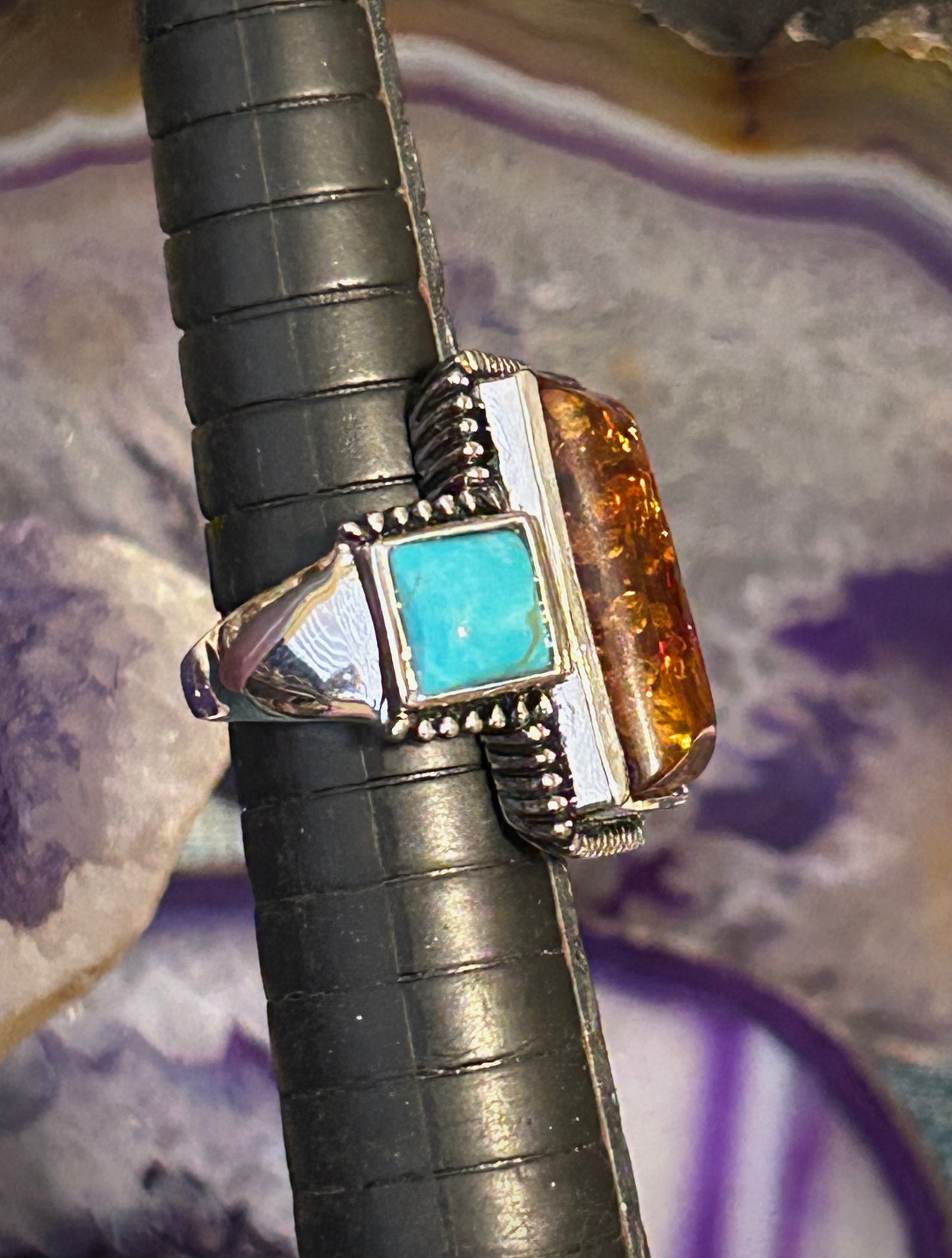 Sterling Silver Chunky Baltic Amber & Kingman Turquoise Ring Size 5
