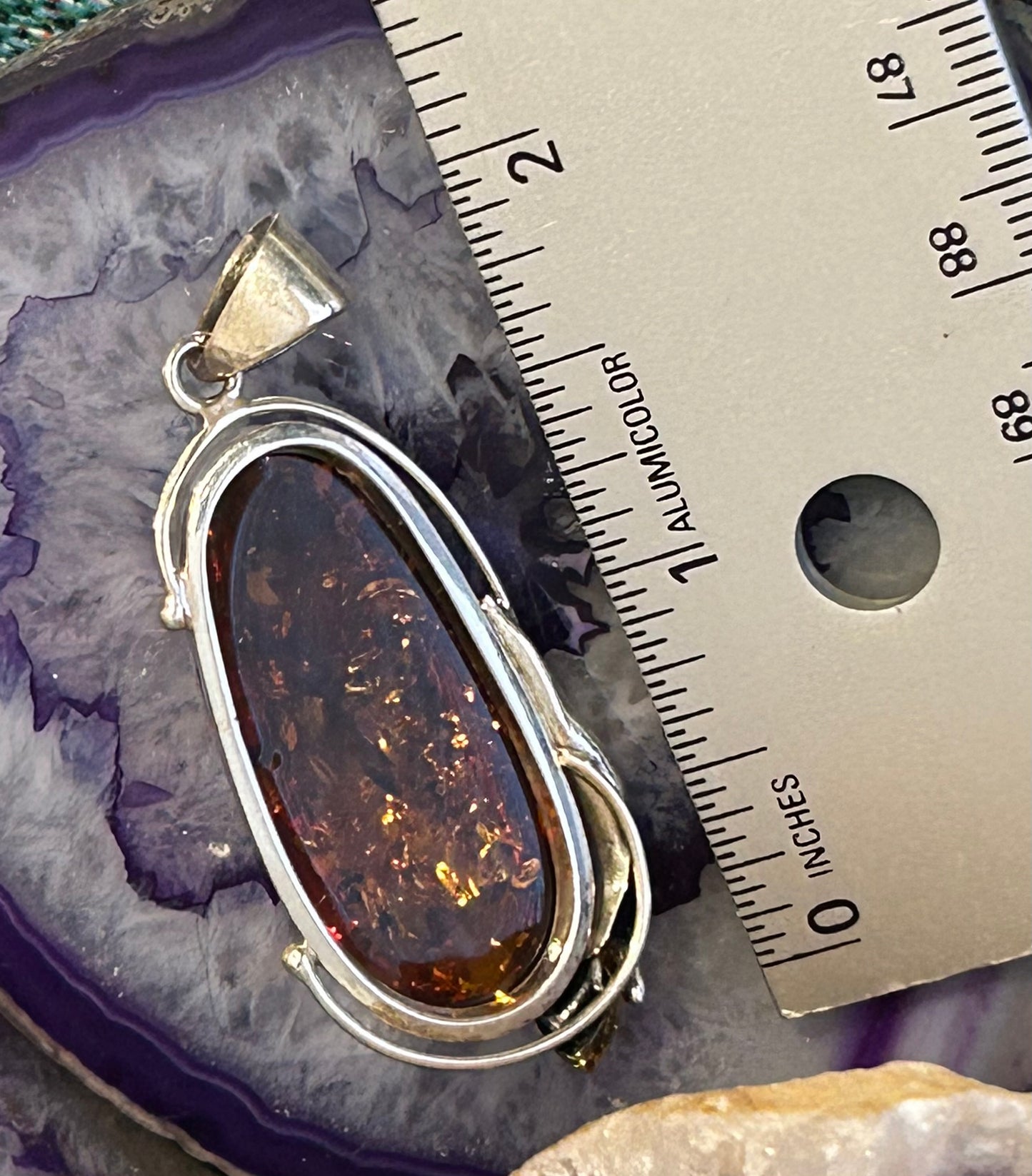 Sterling Silver And Natural Baltic Amber Pendant W/ Fly Insect