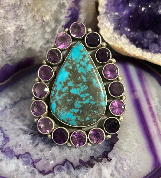 Sterling Silver Turquoise & Amethyst Multi Stone Statement Ring Size 9
