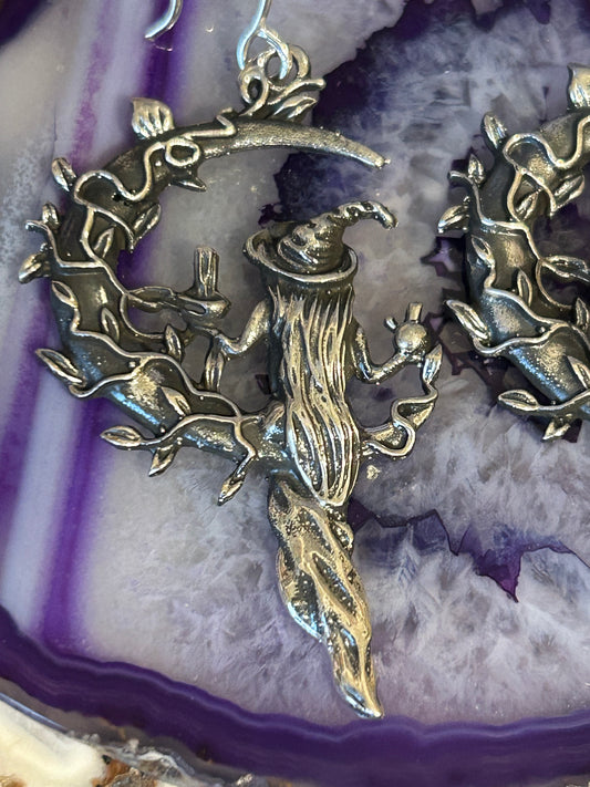Sterling Silver Modern Taxco Mexico Large Witchy Moon Nature Dangle Earrings