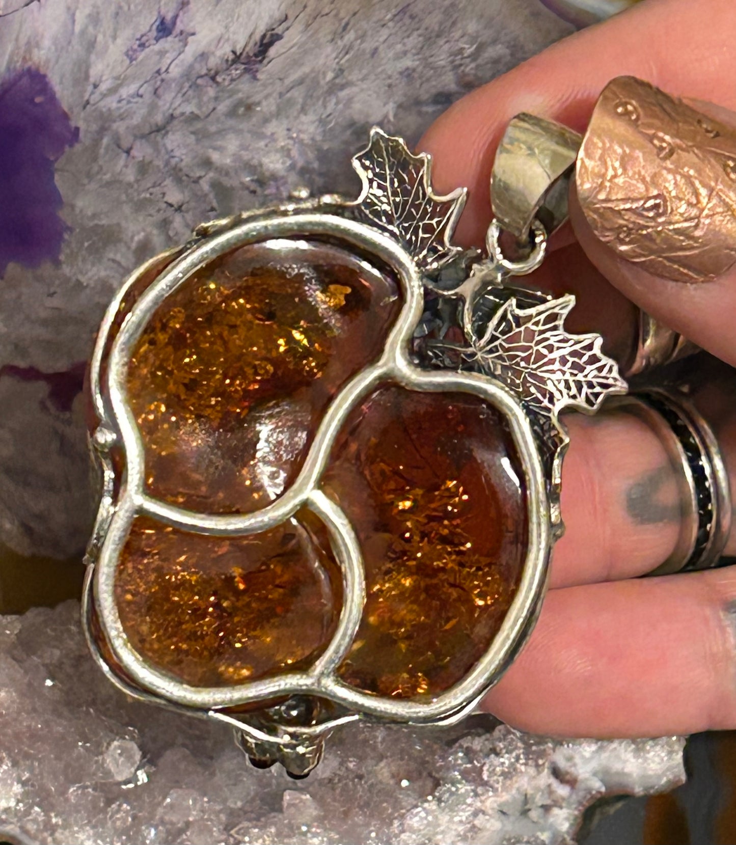 Sterling Silver & Baltic Amber Statement Large Handmade Rose Pendant