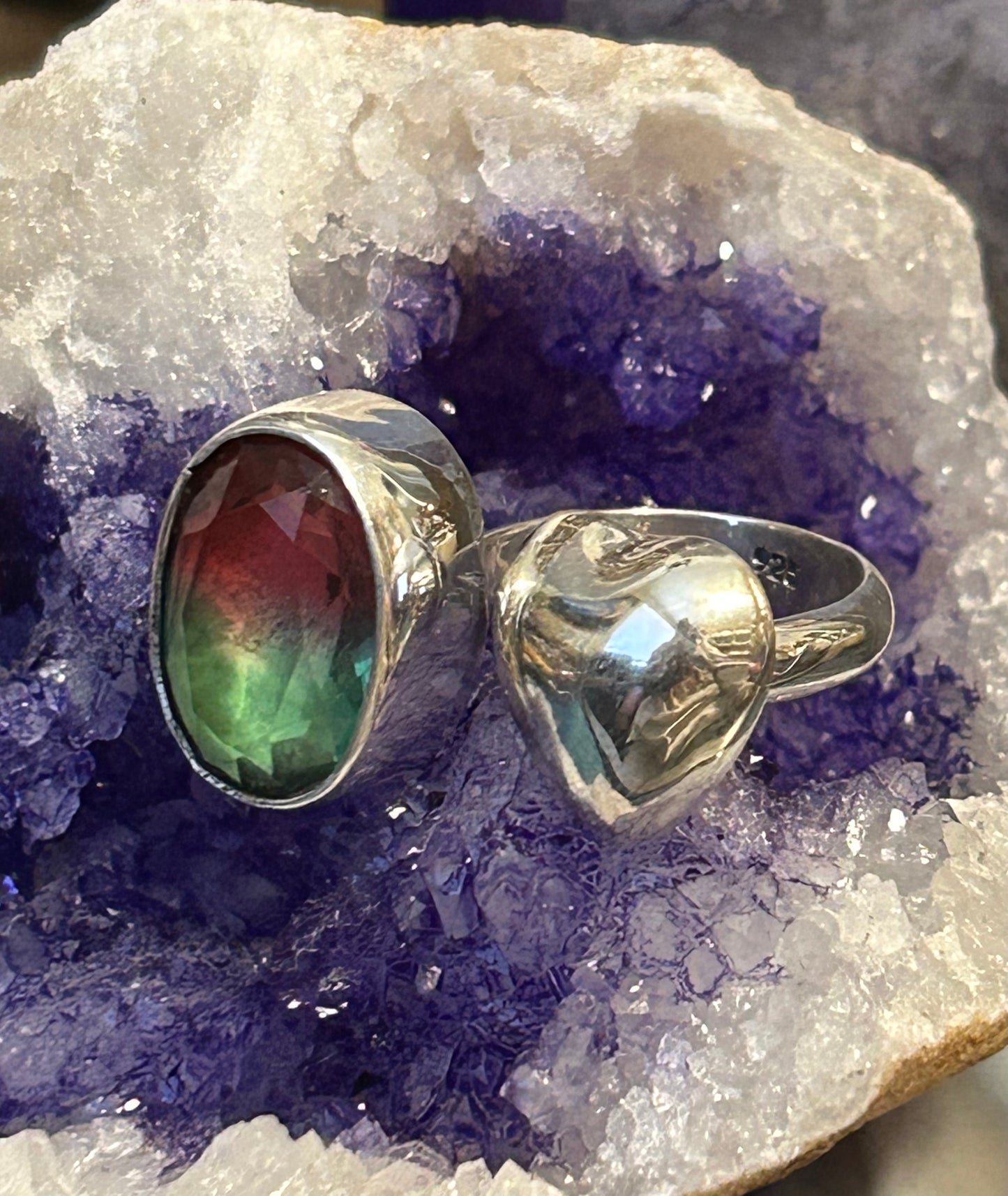 Sterling Silver Taxco Mexico Watermelon Tourmaline & Puffy Heart bypass Ring