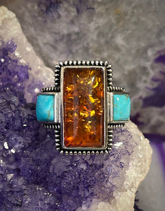 Sterling Silver Chunky Baltic Amber & Kingman Turquoise Ring Size 5
