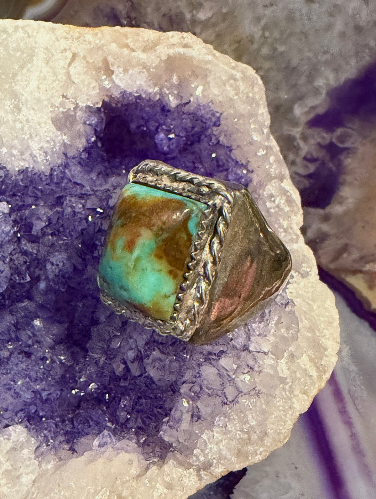 Vintage Sterling Silver Chunky Signet Style Shaped Natural Turquoise Ring Sz 10