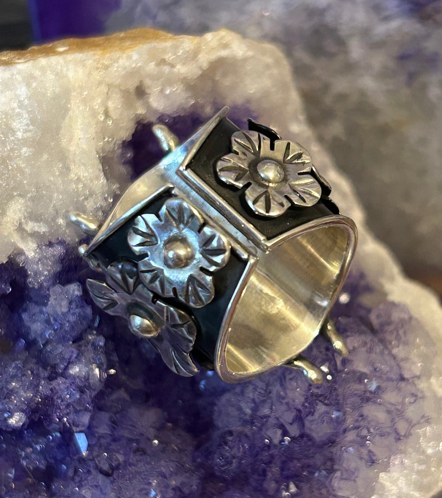 Taxco Mexico Sterling Silver Tarantula Spider & Flowers Statement Ring Size 7-9