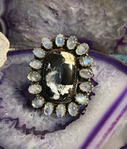 Sterling Silver White Buffalo & Moonstone Large Ring Size 6