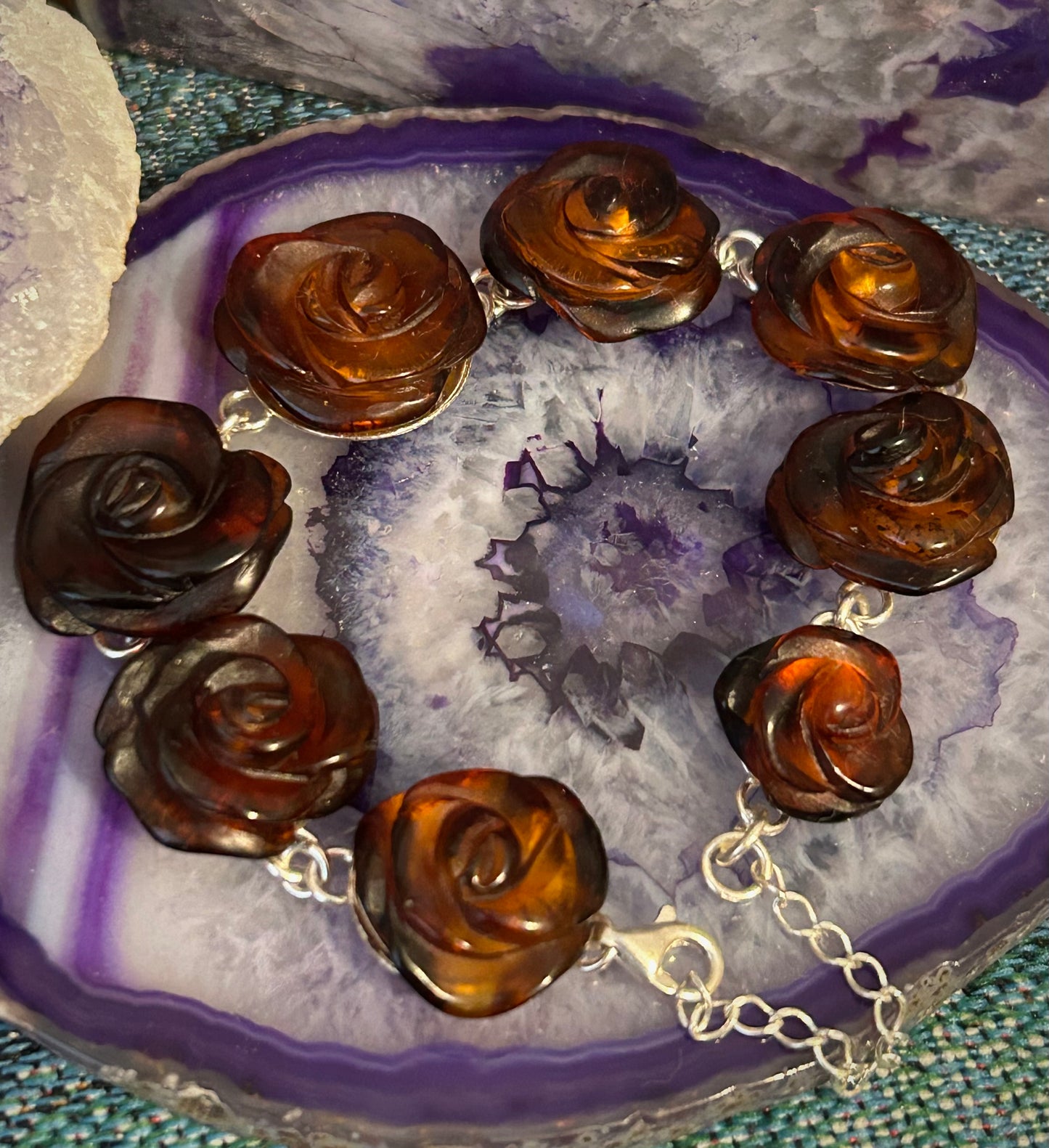 Sterling Silver Baltic Cognac Amber Carved Rose Link Bracelet