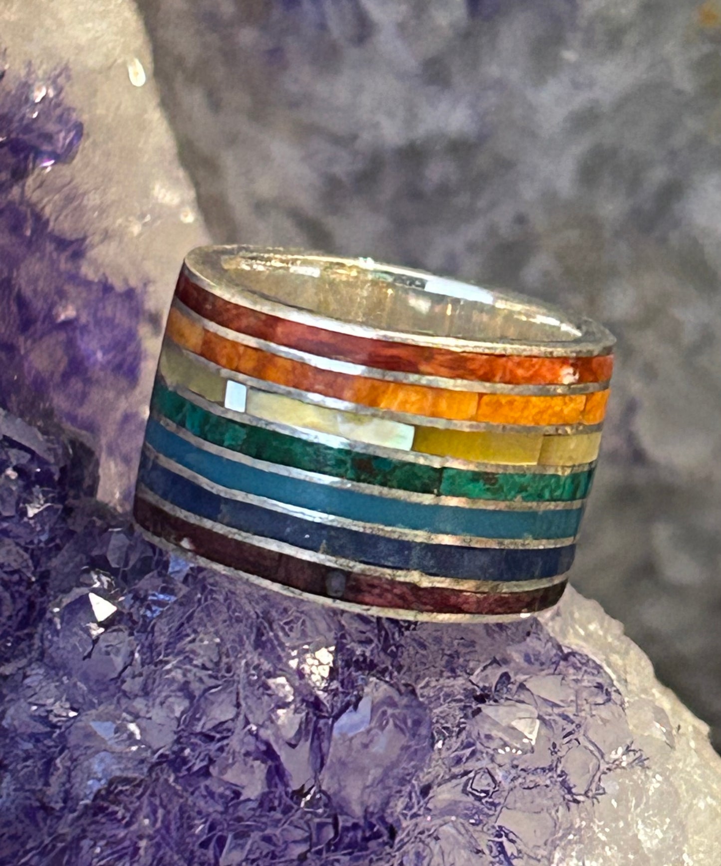 Sterling Silver Rainbow Color Stone Inlay Thick Wide Band Ring Size 4