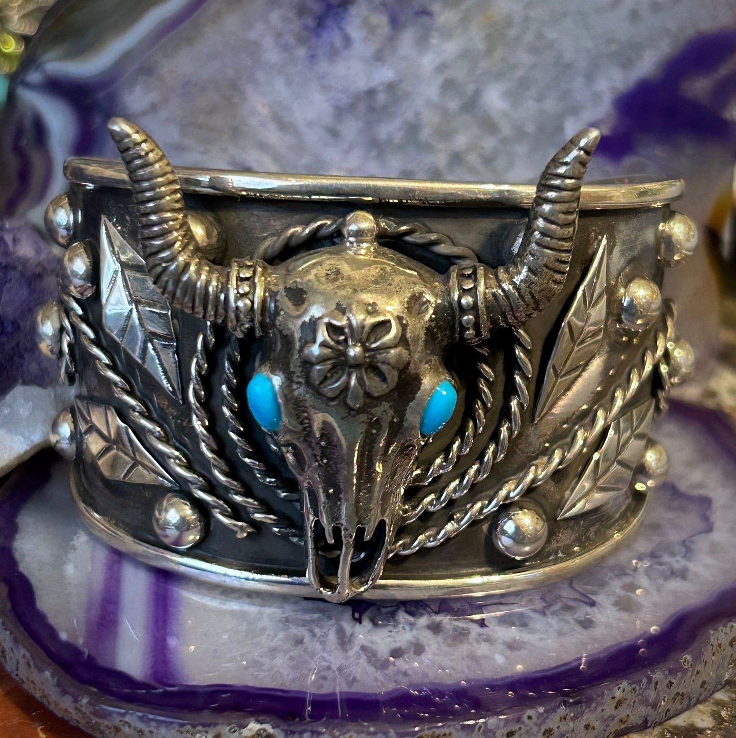 Taxco Mexico Sterling Silver Leaves & Bull Skull w/ Turquoise Statement Cuff Bracelet