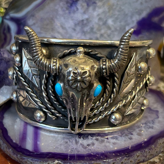 Taxco Mexico Sterling Silver Leaves & Bull Skull w/ Turquoise Statement Cuff Bracelet