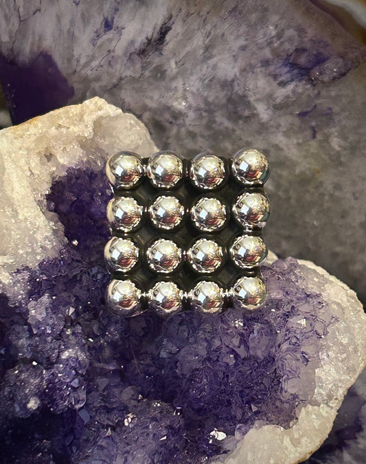 Sterling Silver Taxco Mexico Large Square Balls Modernist Ring Adjustable