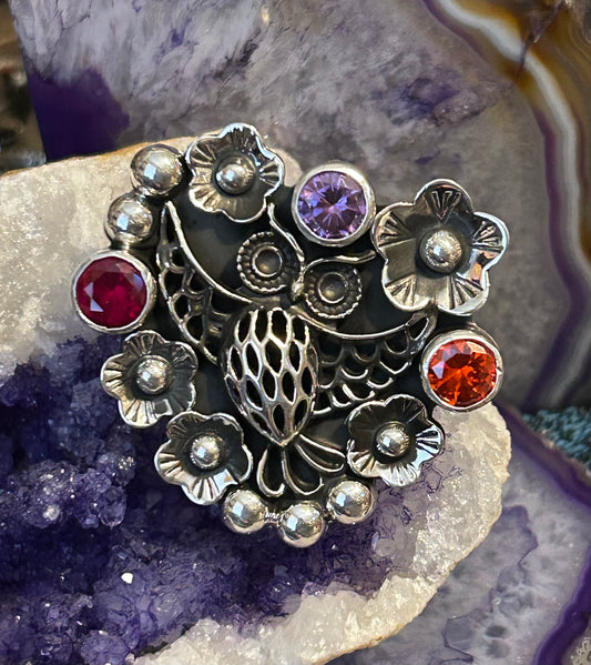 Sterling Silver Taxco Mexico Huge Statement Owl & Gemstone Adjustable Ring