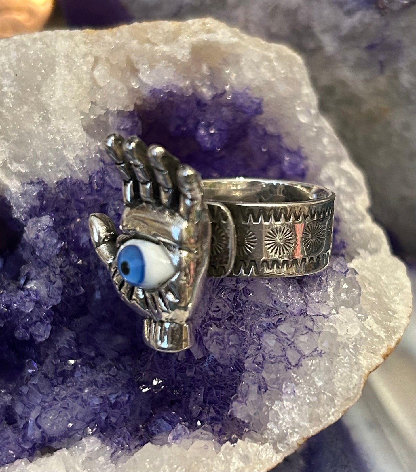 Sterling Silver Taxco Mexico Seeing Eye Hand of Protection Oddities Ring Adjustable