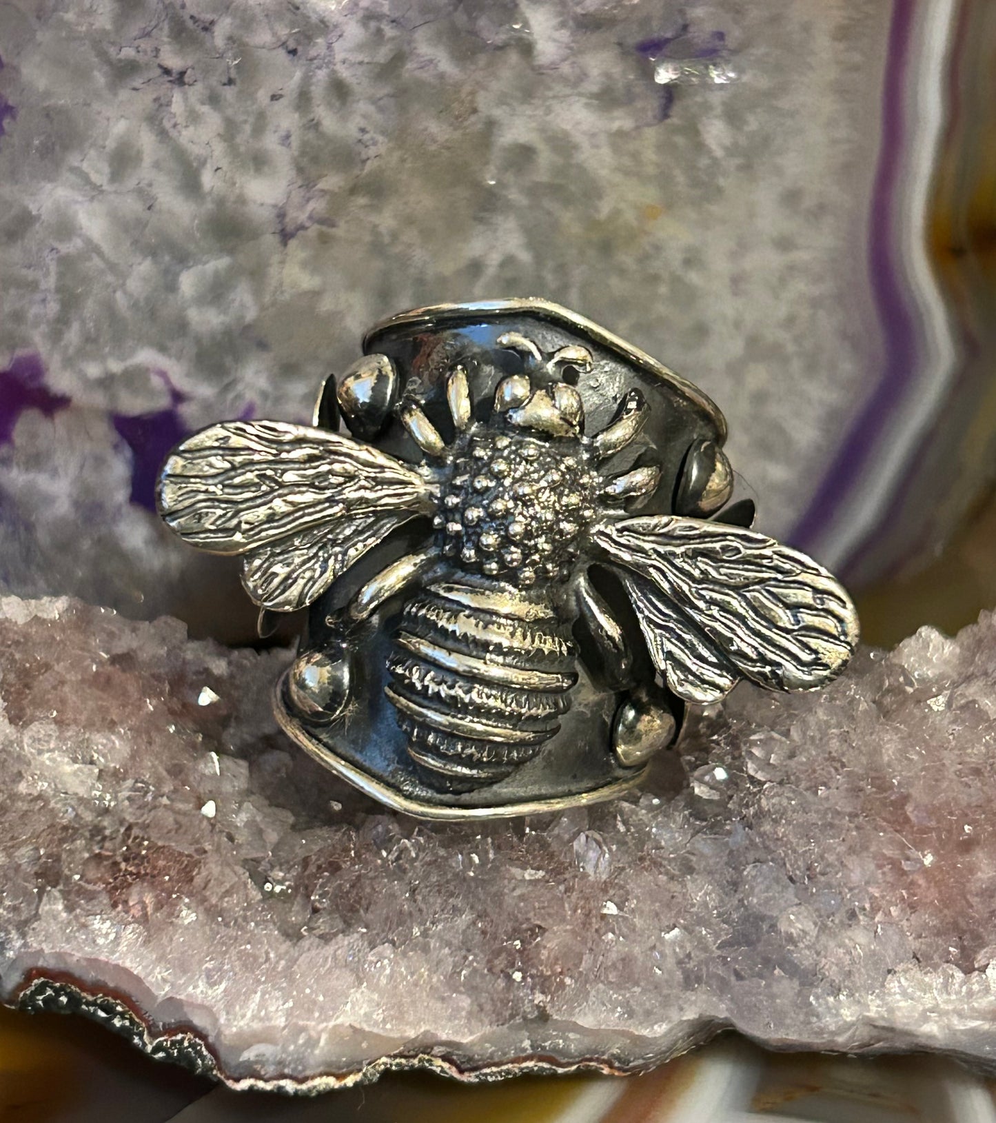 Sterling Silver Taxco Mexico Statement Bee & Floral Ring Size 8-10