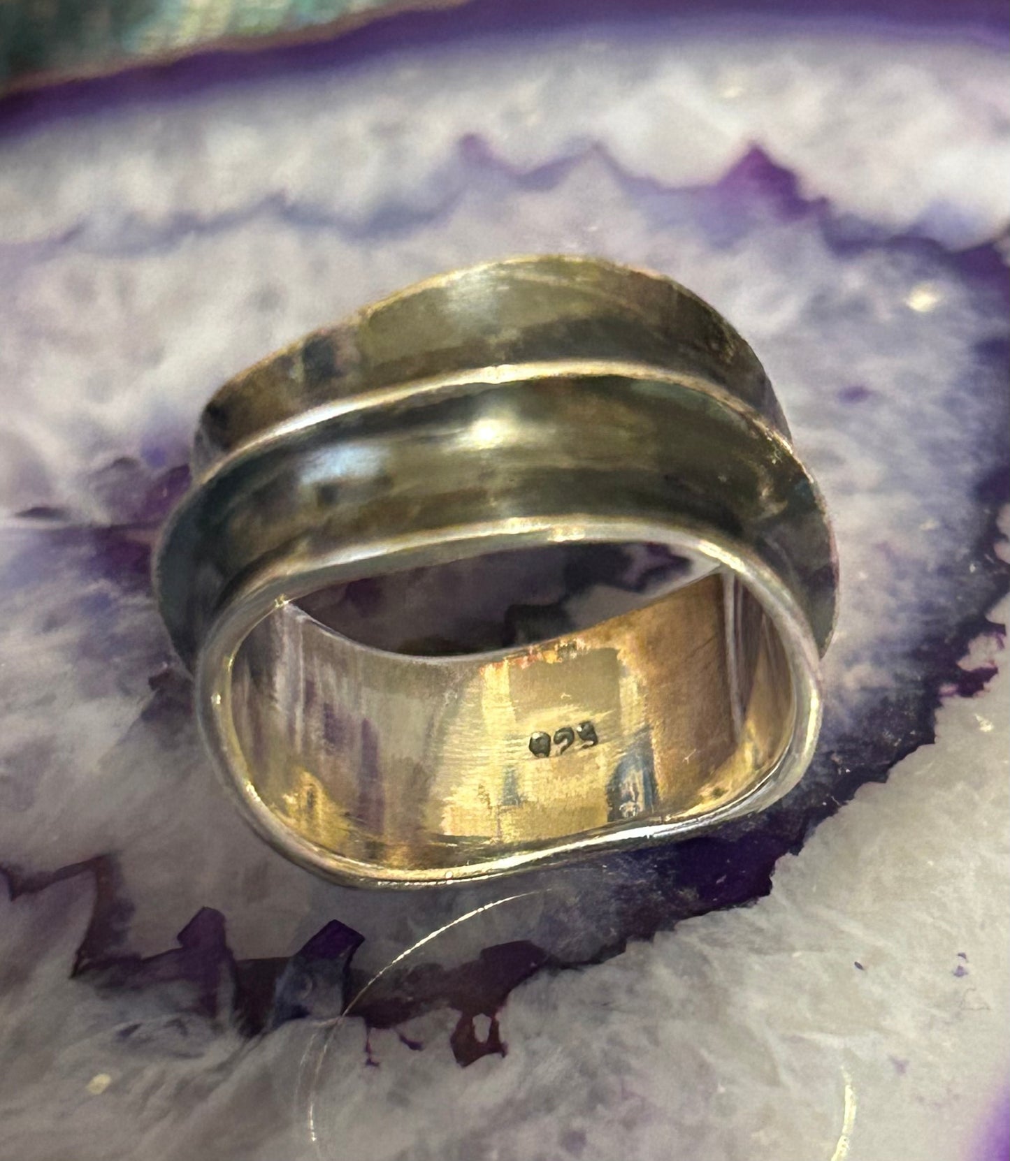 Sterling Silver Wavey Modernist Oxidized Wide Band Ring Size 7